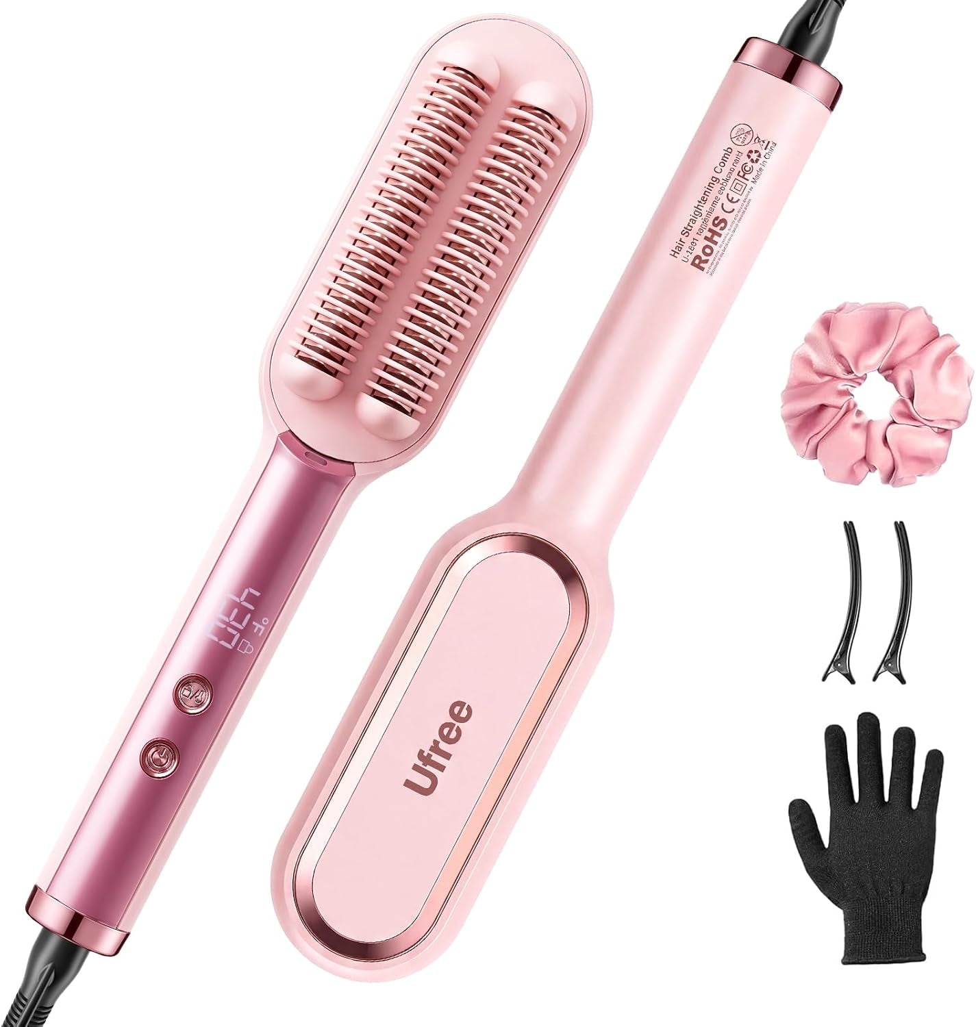 Hair Straightener Brush for Women, Double Row Ionic Hot Comb, Pink | 9 Heat Settings, 30S Fast Heat, 285-430°F, Ceramic Titanium Coating, Dual Voltage, Travel Ready, Gift Set