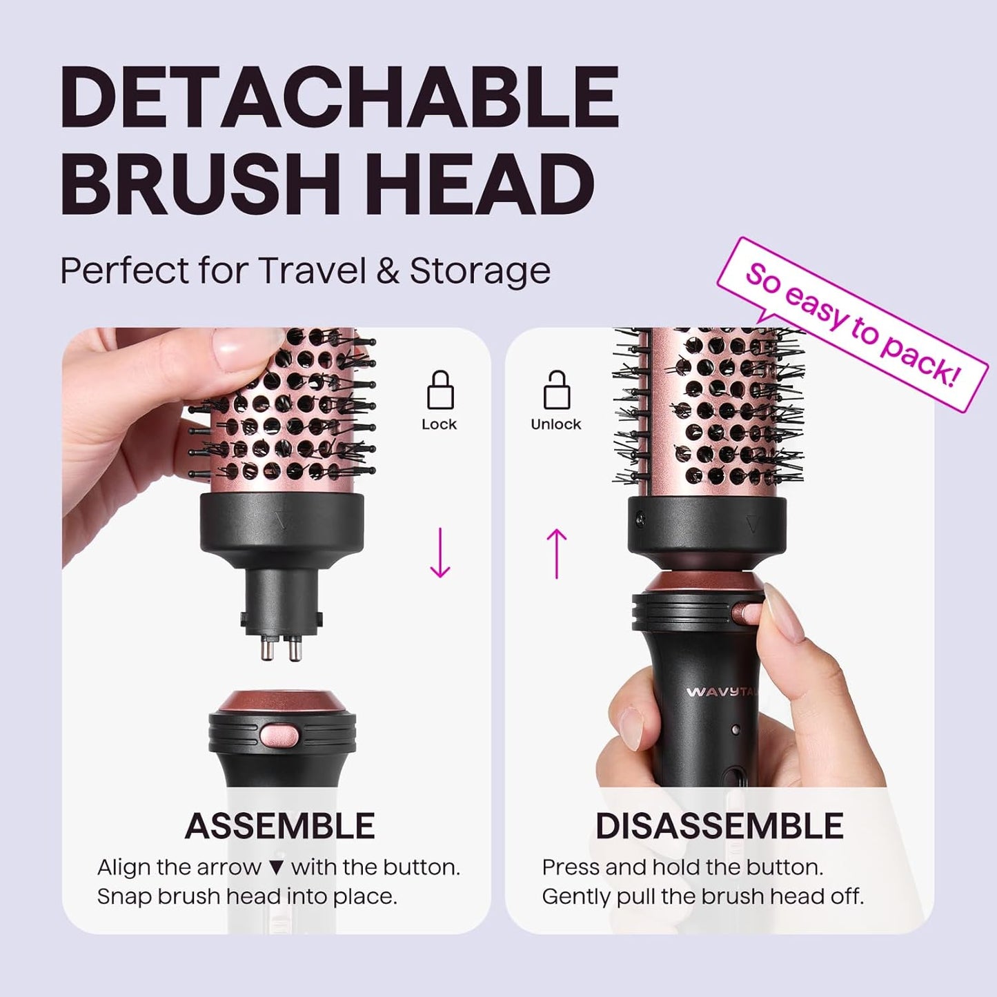 Thermal Brush, 1 1/2 Inch Heated round Brush with Detachable Head, Velvet Pouch and Dual Voltage for Travel, Easy to Create Blowout Look, Rose Gold