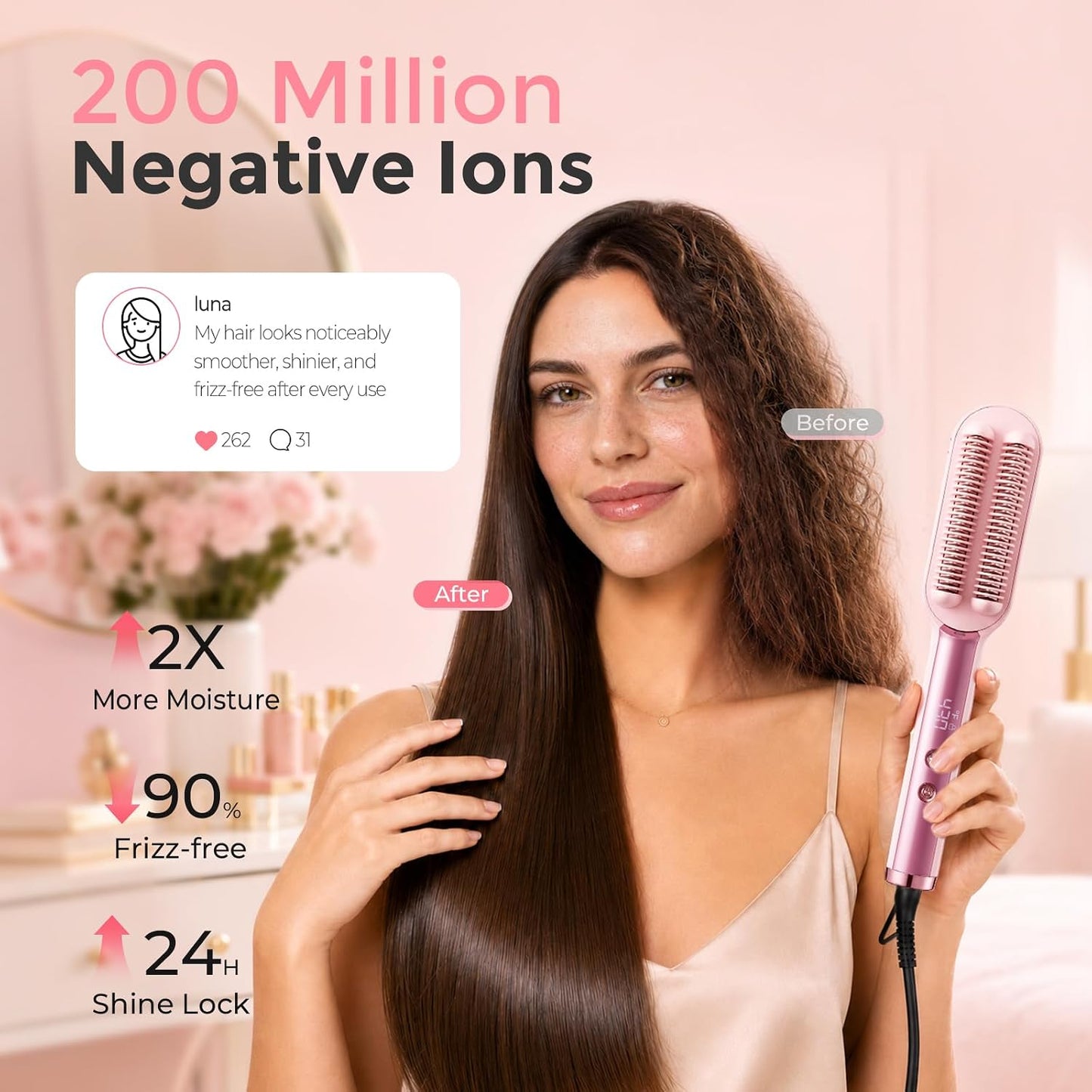 Hair Straightener Brush for Women, Double Row Ionic Hot Comb, Pink | 9 Heat Settings, 30S Fast Heat, 285-430°F, Ceramic Titanium Coating, Dual Voltage, Travel Ready, Gift Set