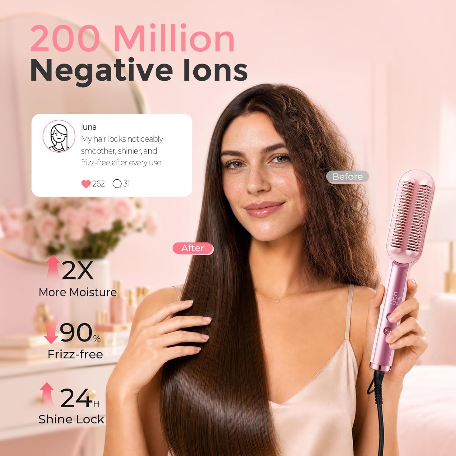 Hair Straightener Brush for Women, Double Row Ionic Hot Comb, Pink | 9 Heat Settings, 30S Fast Heat, 285-430°F, Ceramic Titanium Coating, Dual Voltage, Travel Ready, Gift Set