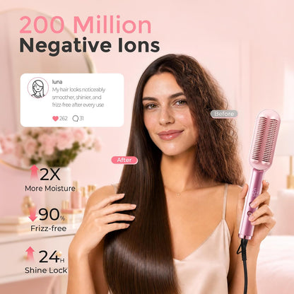 Hair Straightener Brush for Women, Double Row Ionic Hot Comb, Pink | 9 Heat Settings, 30S Fast Heat, 285-430°F, Ceramic Titanium Coating, Dual Voltage, Travel Ready, Gift Set