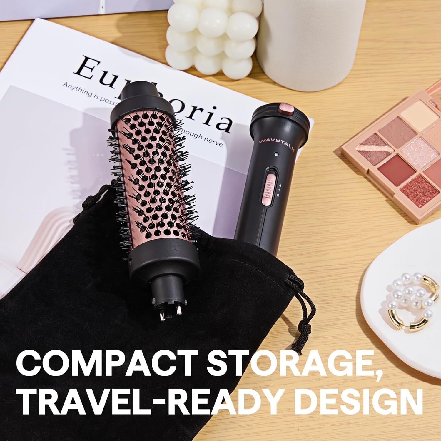 Thermal Brush, 1 1/2 Inch Heated round Brush with Detachable Head, Velvet Pouch and Dual Voltage for Travel, Easy to Create Blowout Look, Rose Gold
